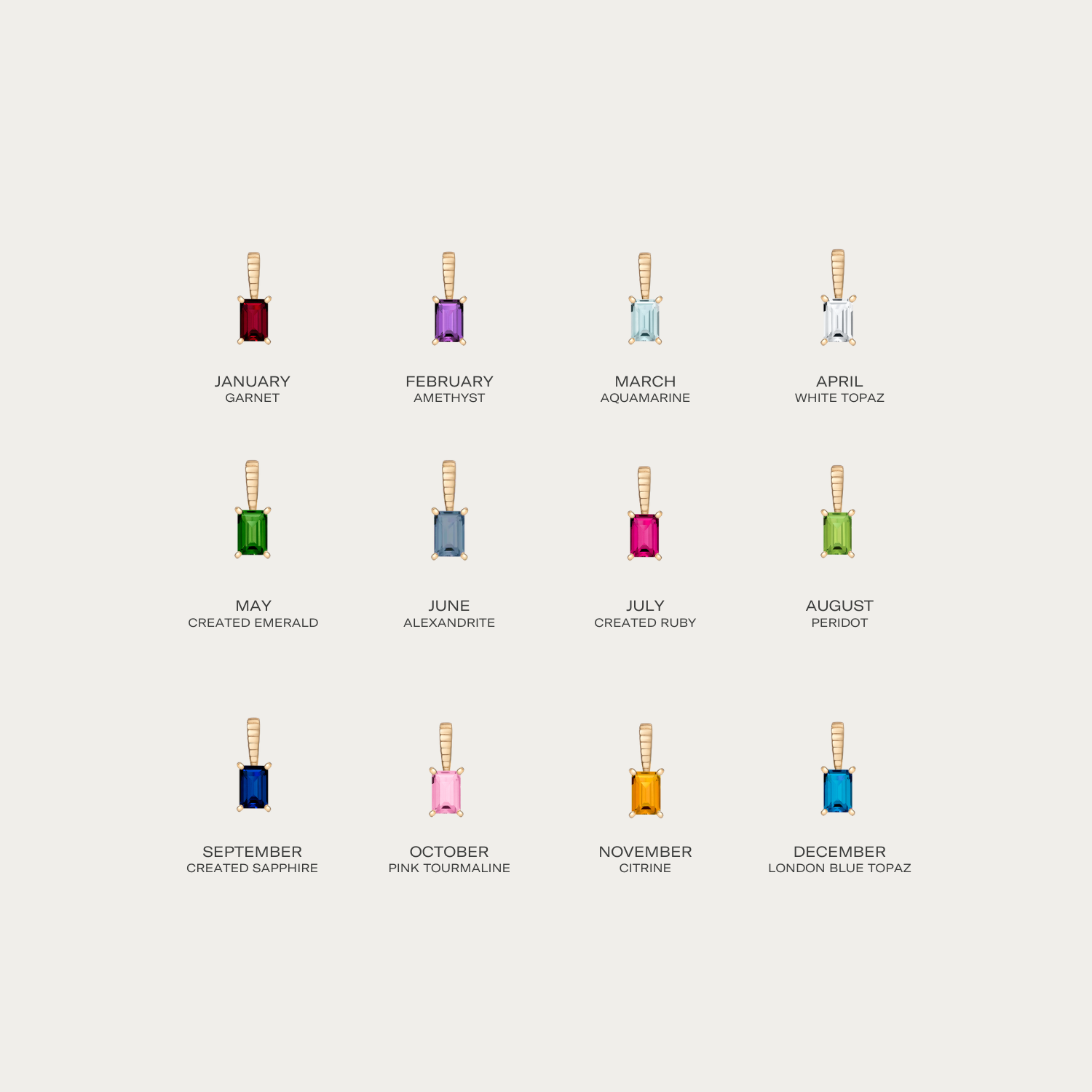 Model. Illustrations of gemstones for each month of the year on a light gray background