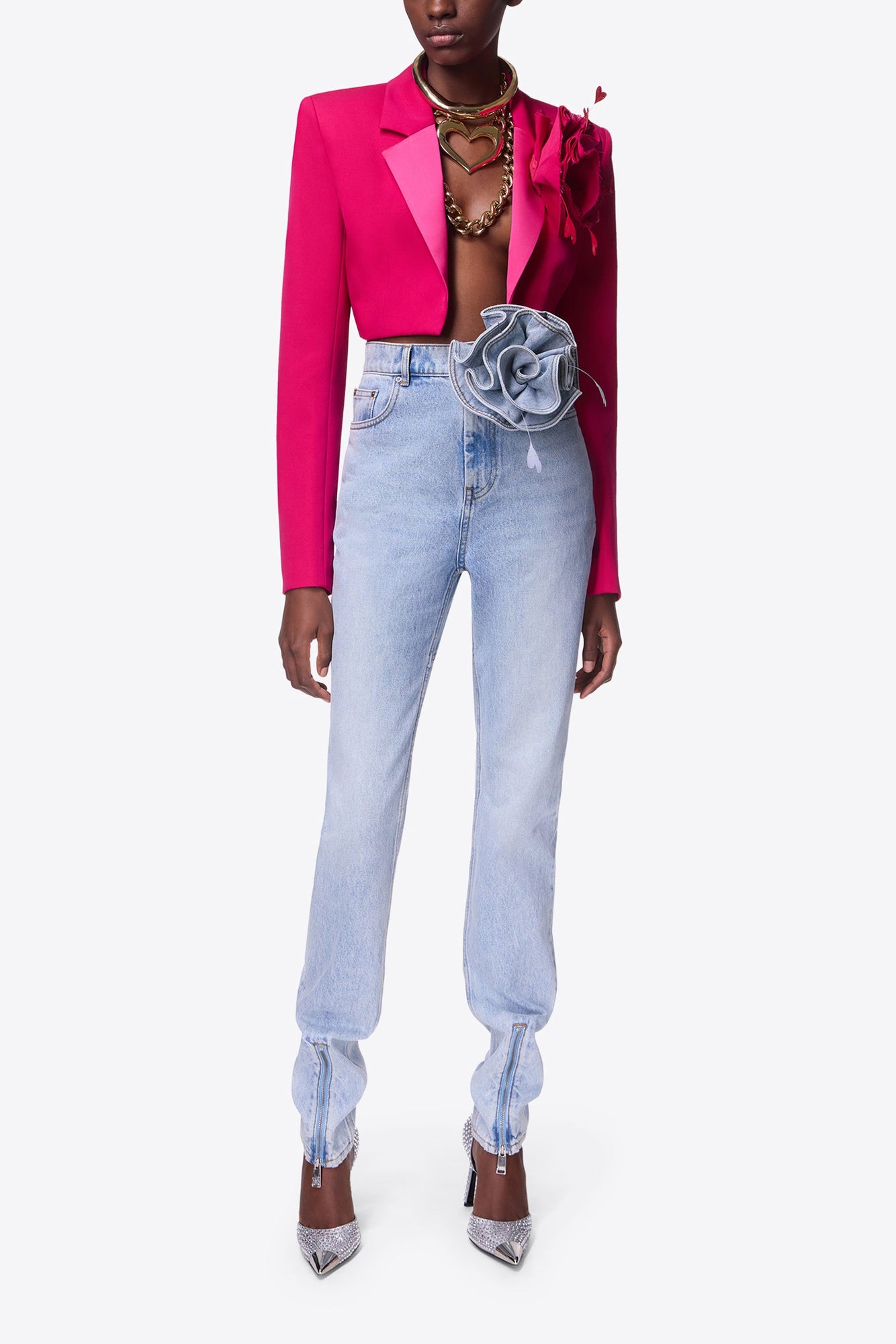 Flower Corsage Ankle Zip Jean | Super Light Wash