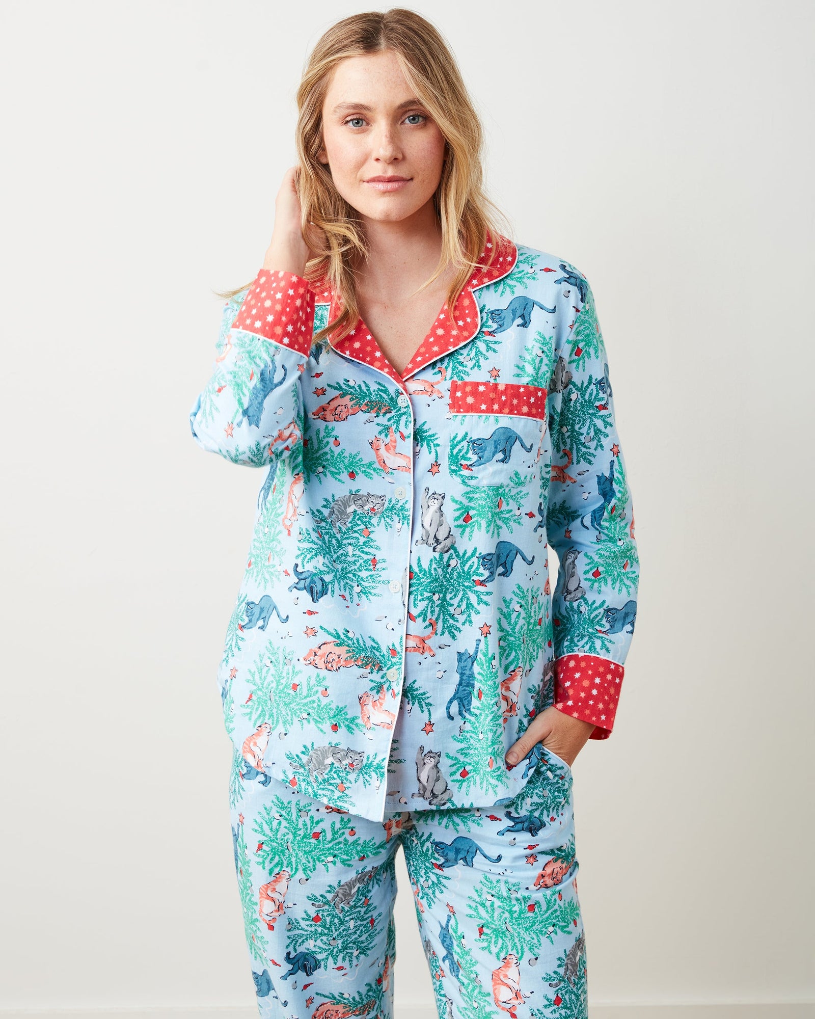 Frisky Firs - Lightweight Flannel Long PJ Set - Twinkling Blue - Printfresh