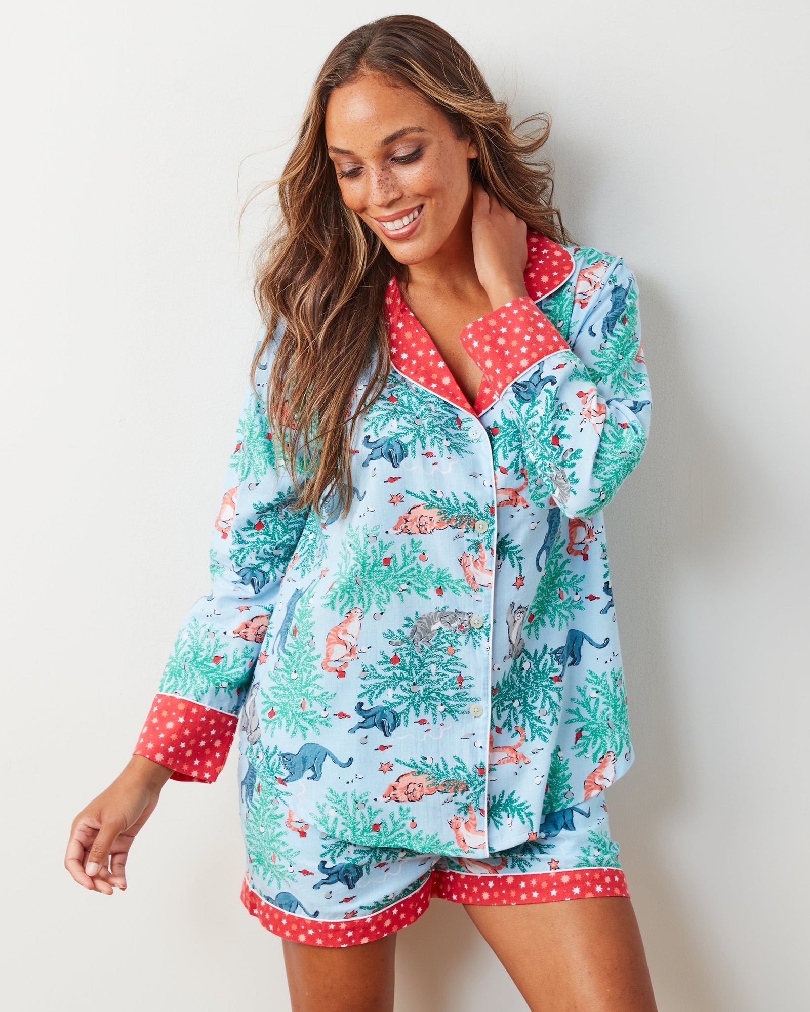 Frisky Firs - Lightweight Flannel Long Sleeve Top & Shorts Set - Twinkling Blue - Printfresh