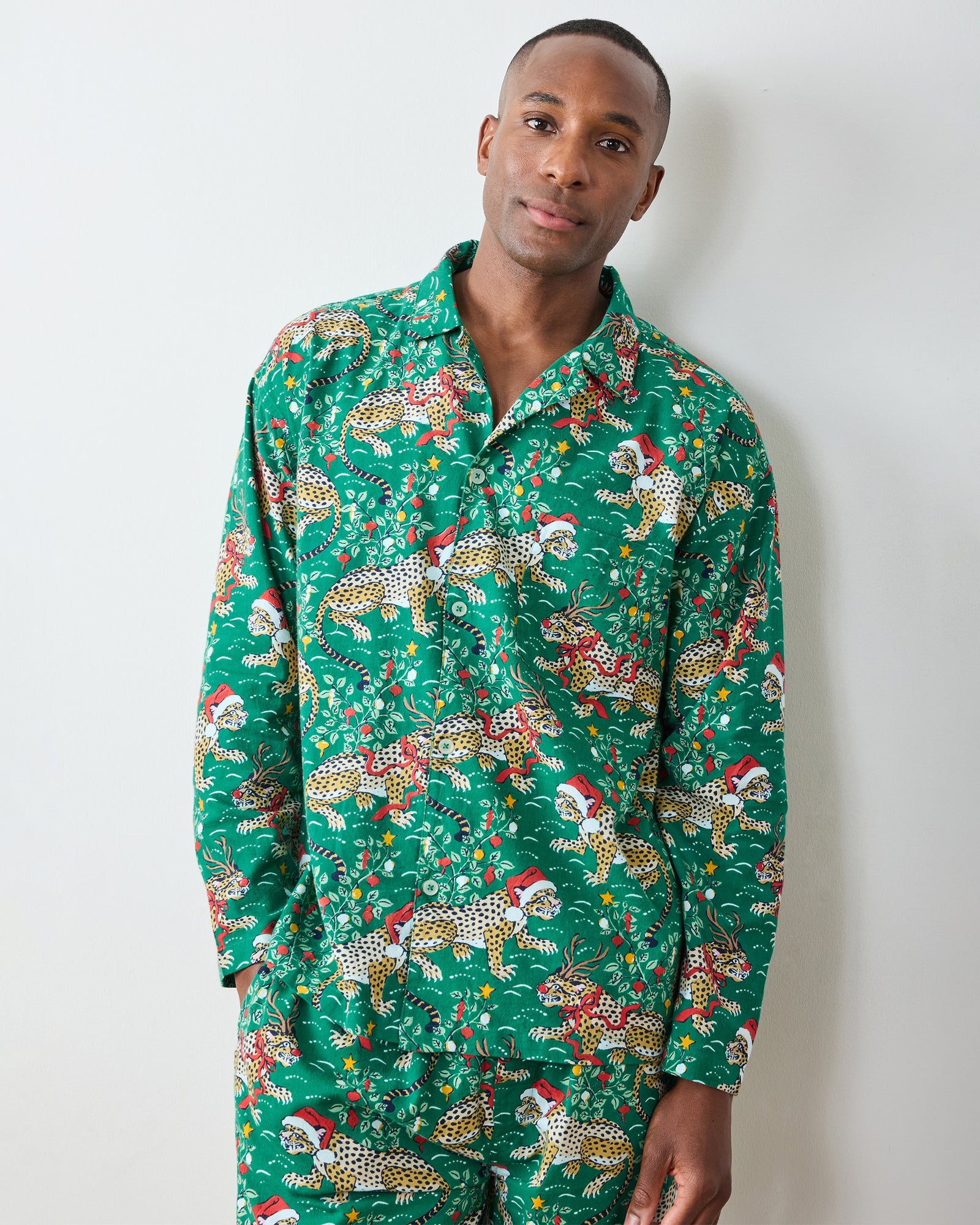Very Merry Bagheera - Men's Lightweight Flannel Long PJ Set - Mistletoe - Printfresh