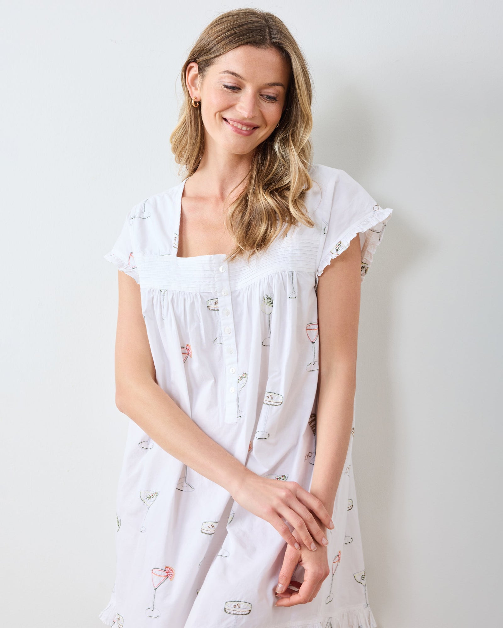 Martini Hour - Embroidered Pintuck Nightgown - Cloud - Printfresh