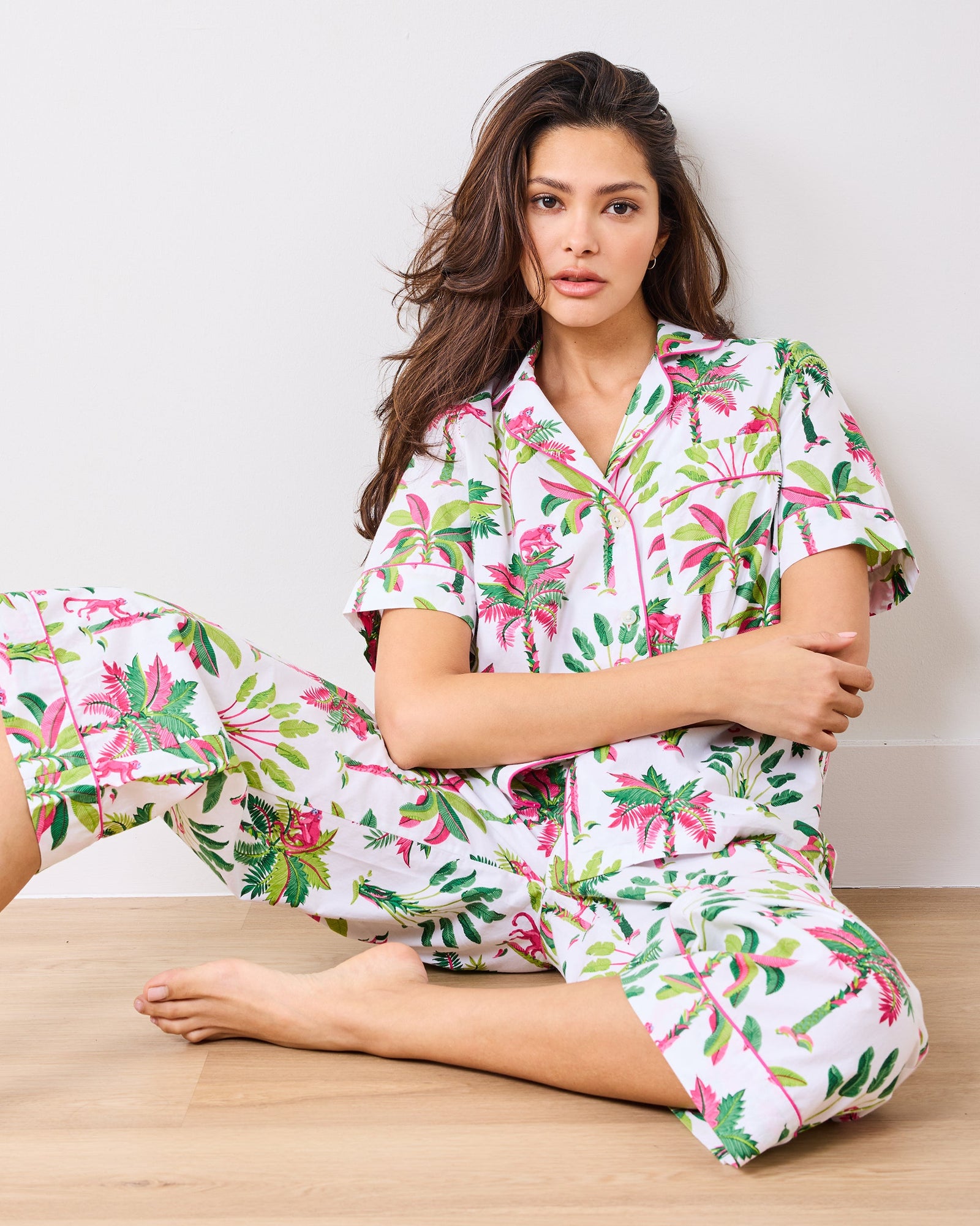 Royal Palms - Short Sleeve Top & Cropped Pants Set - Pink Basil - Printfresh