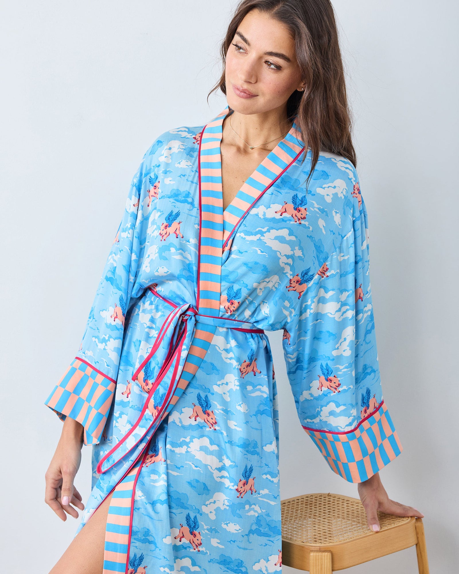 When Pigs Fly - Eco Satin Robe - Pale Blue - Printfresh