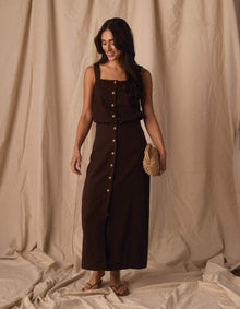 Women | Leukos Linen-Blend Button Front Skirt | Umber