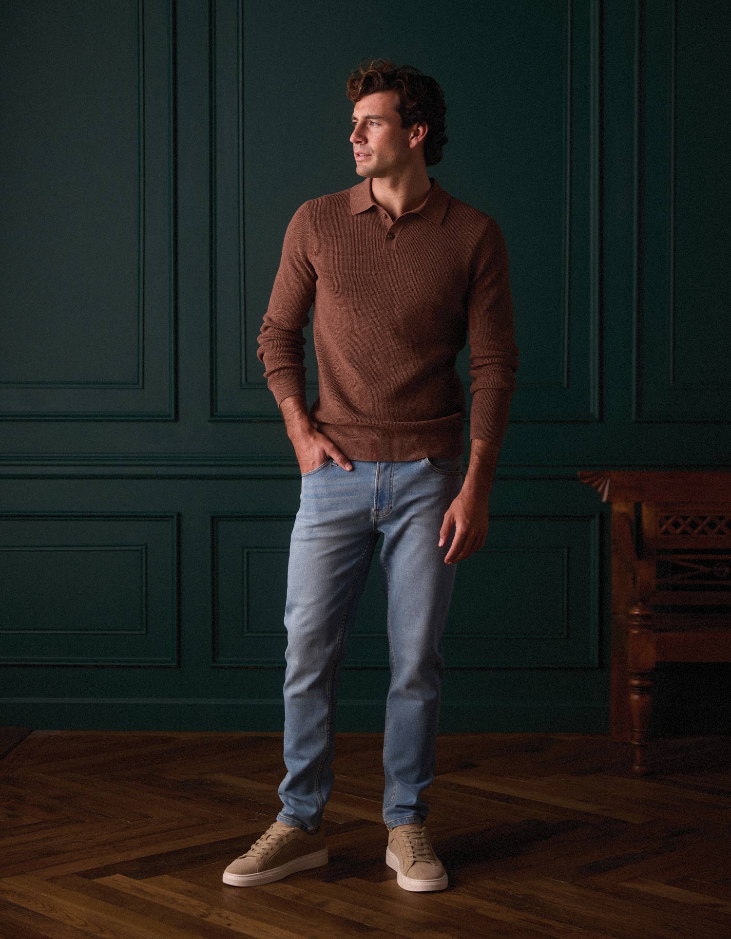 Men | Robles Knit Waffle Stitch Polo | Heather Brown
