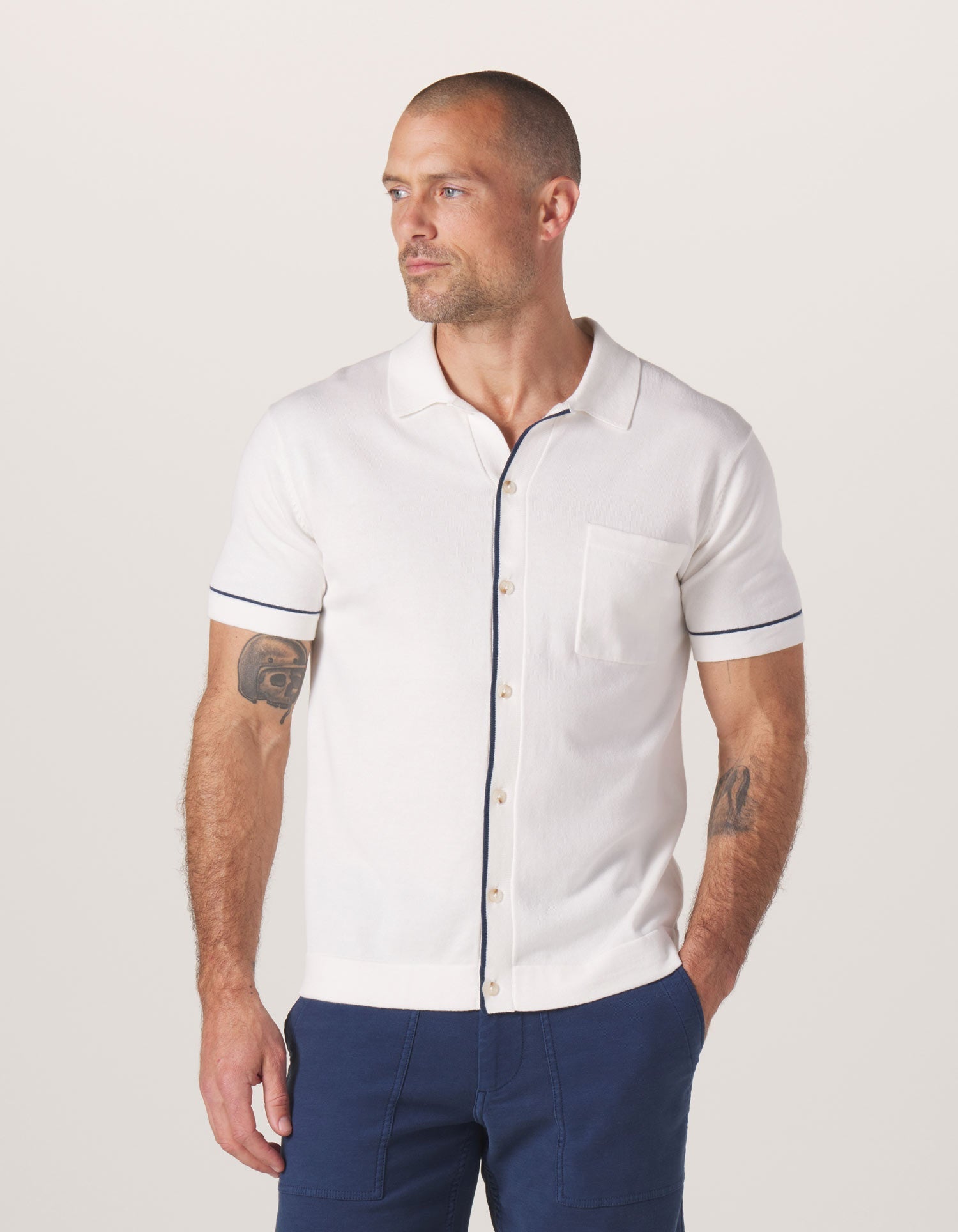 Men | Robles Knit Button Down | White-Navy