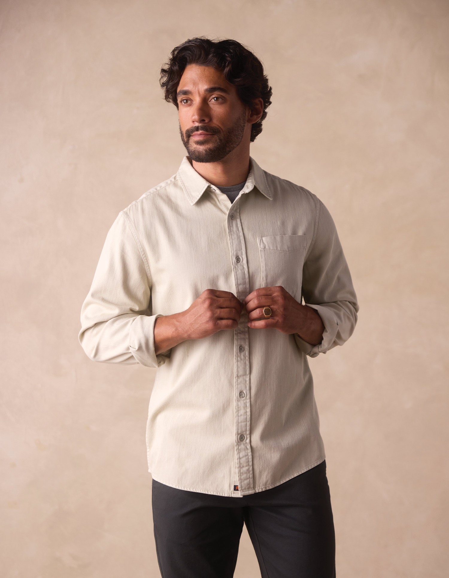 Men | Cotton Denim Long Sleeve Button Up | Silver Moss