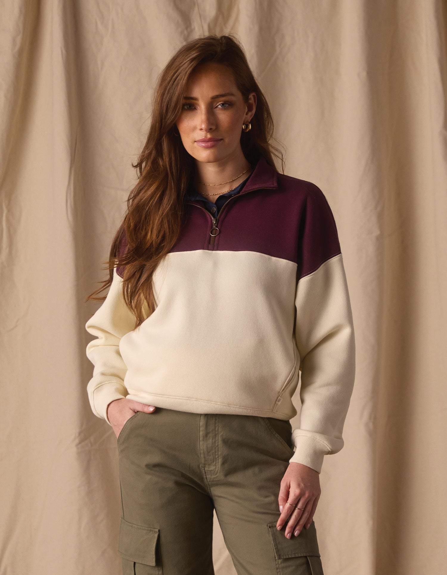 Women | Normal Fleece Retro Quarterzip | Ivory/Port Wine
