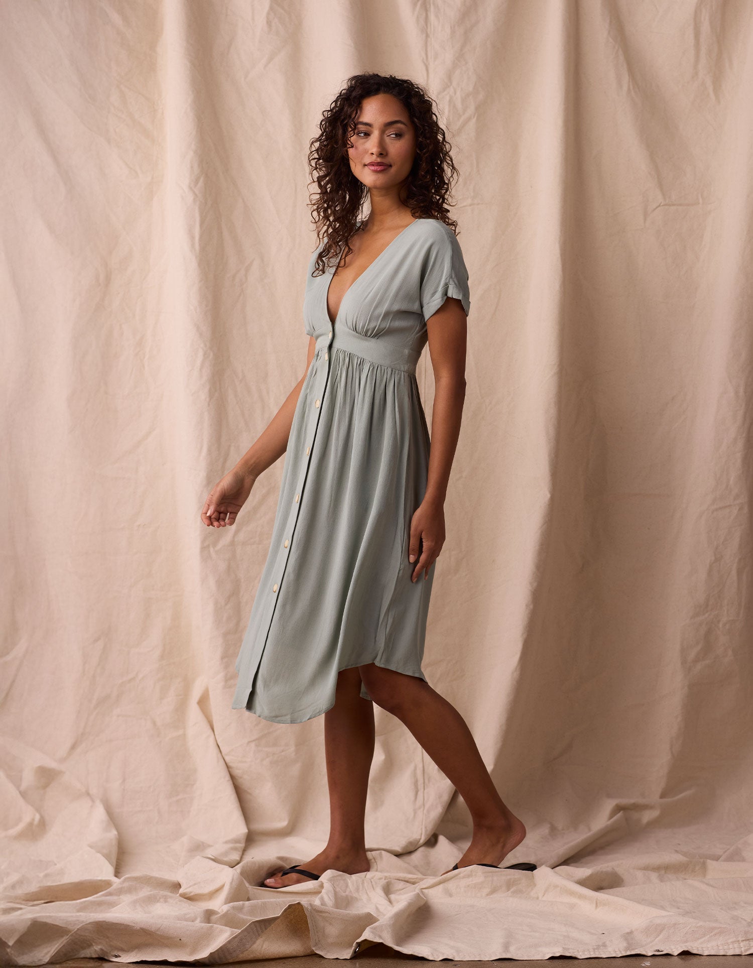 Women | Deep V Button Thru Dress | Juniper