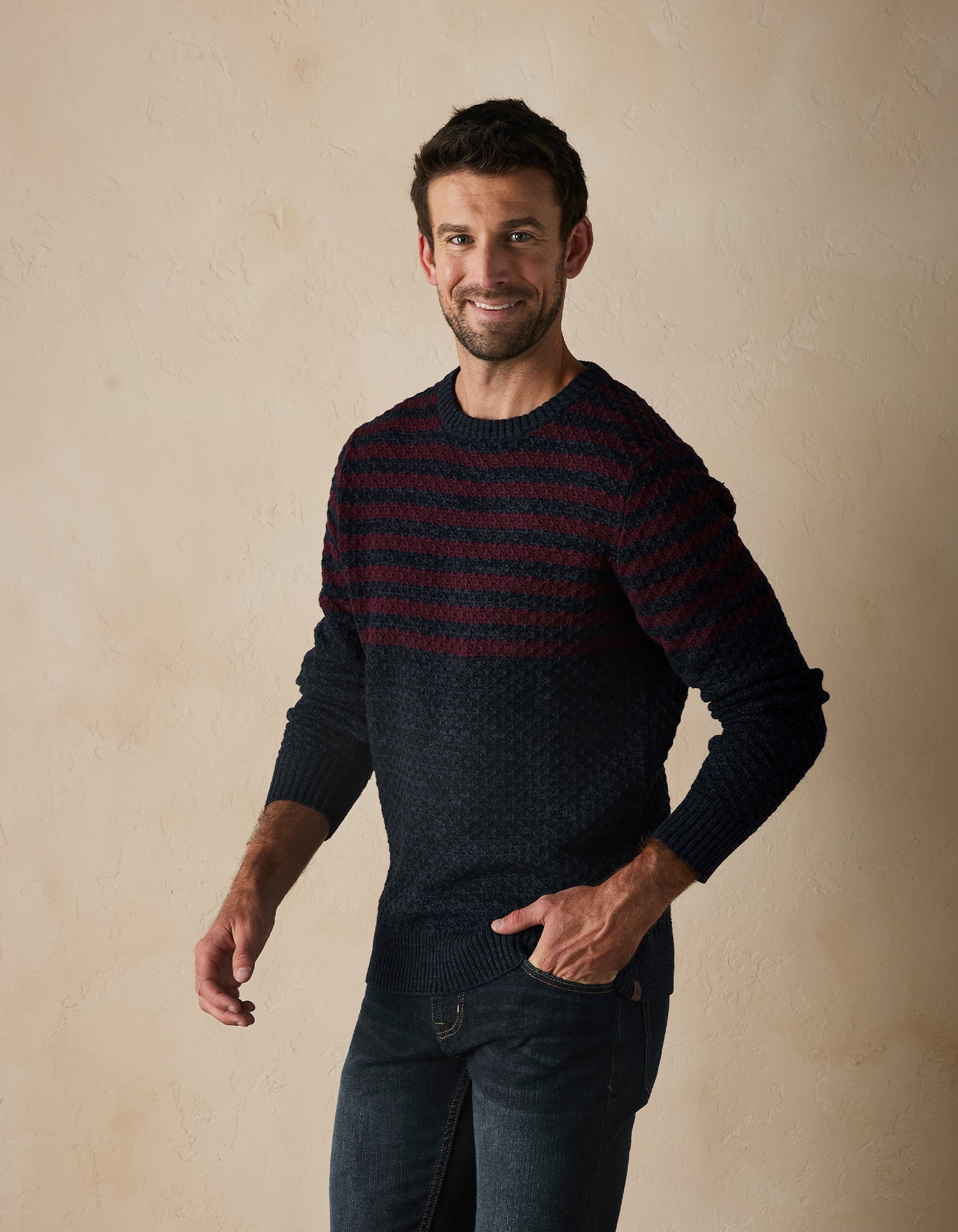Men | Pique Stitch Crew | Navy-Oxblood