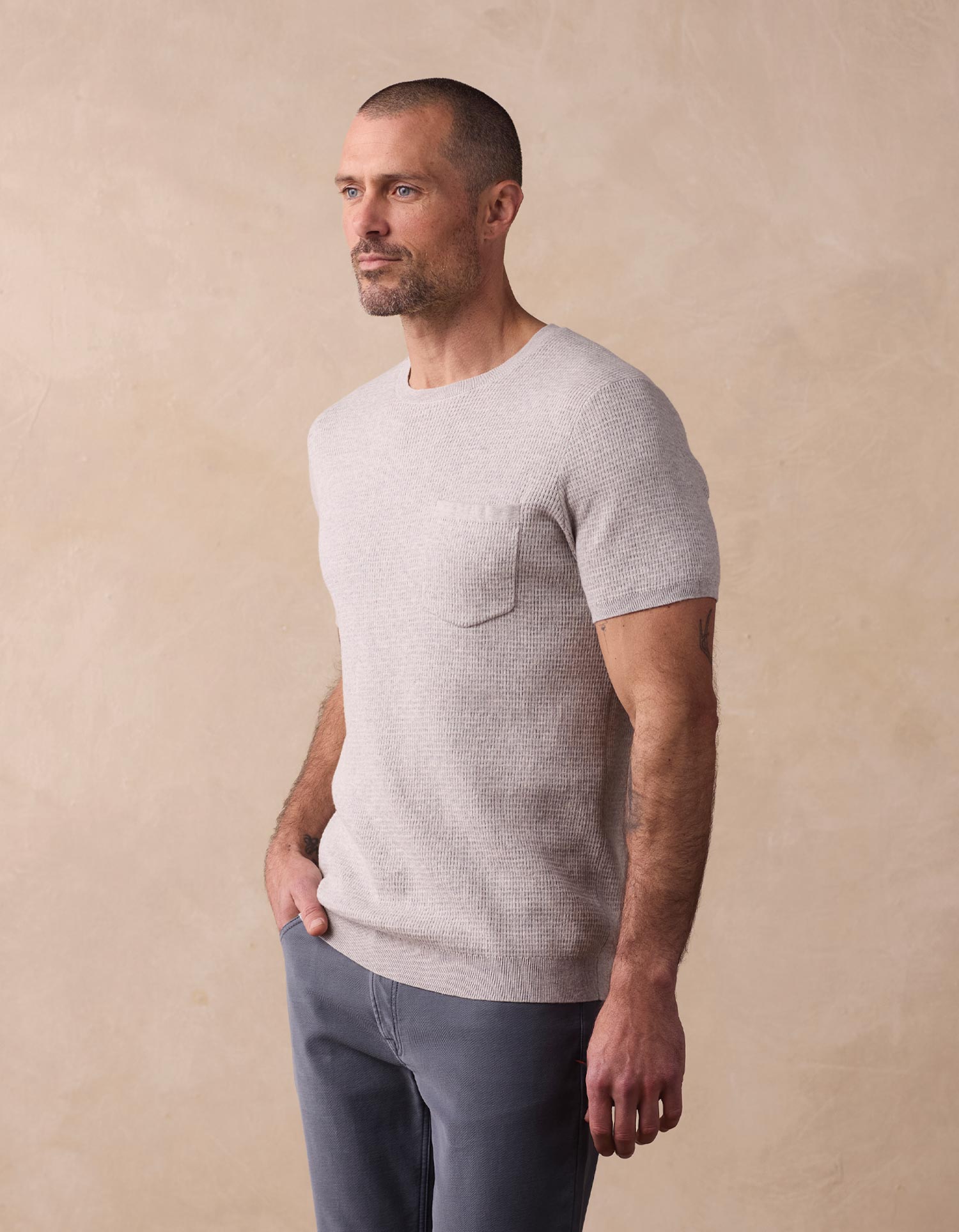 Men | Waffle Knit Sweater Tee | Stone