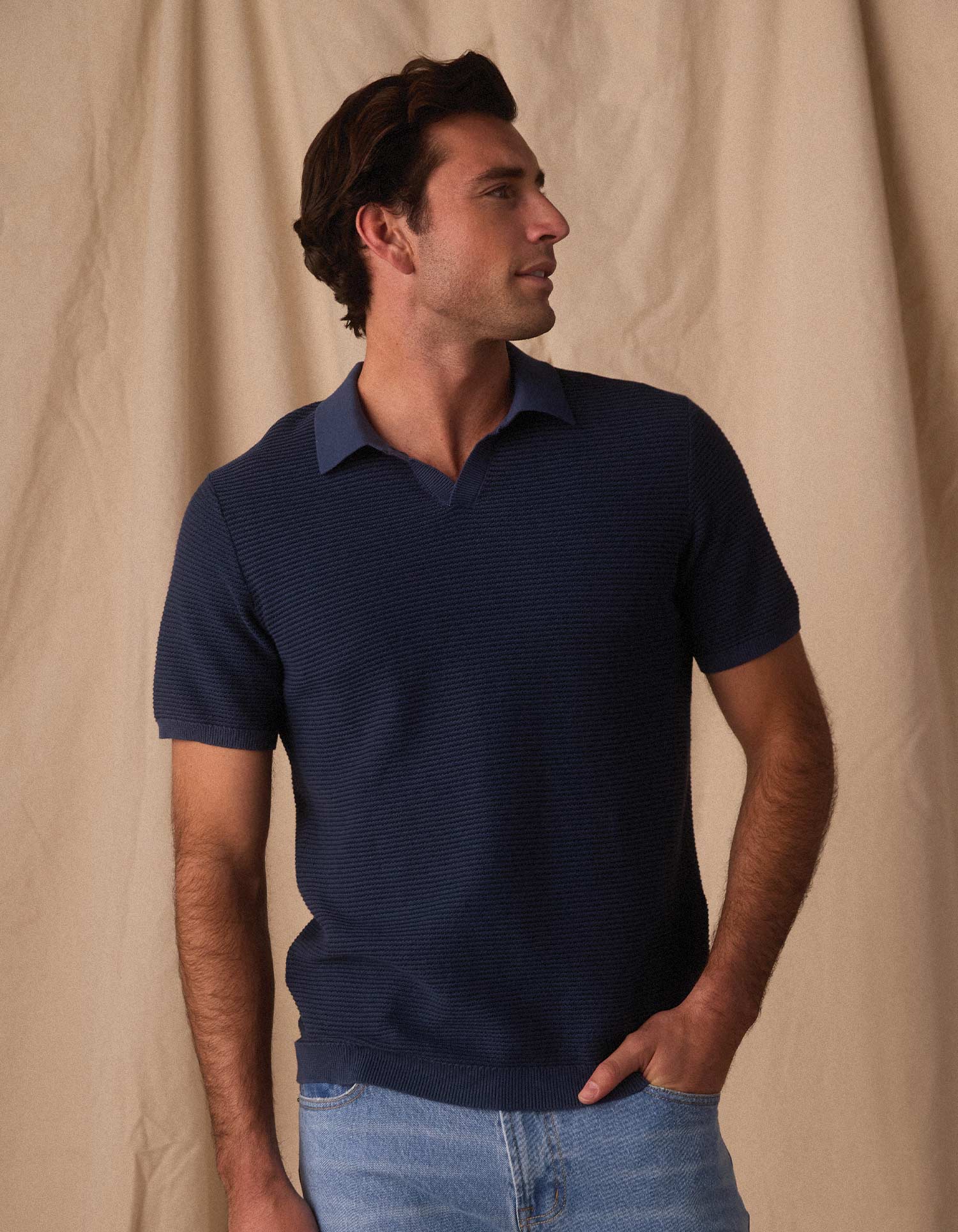Men | Robles Birdseye Knit Polo | Denim/Dark Navy