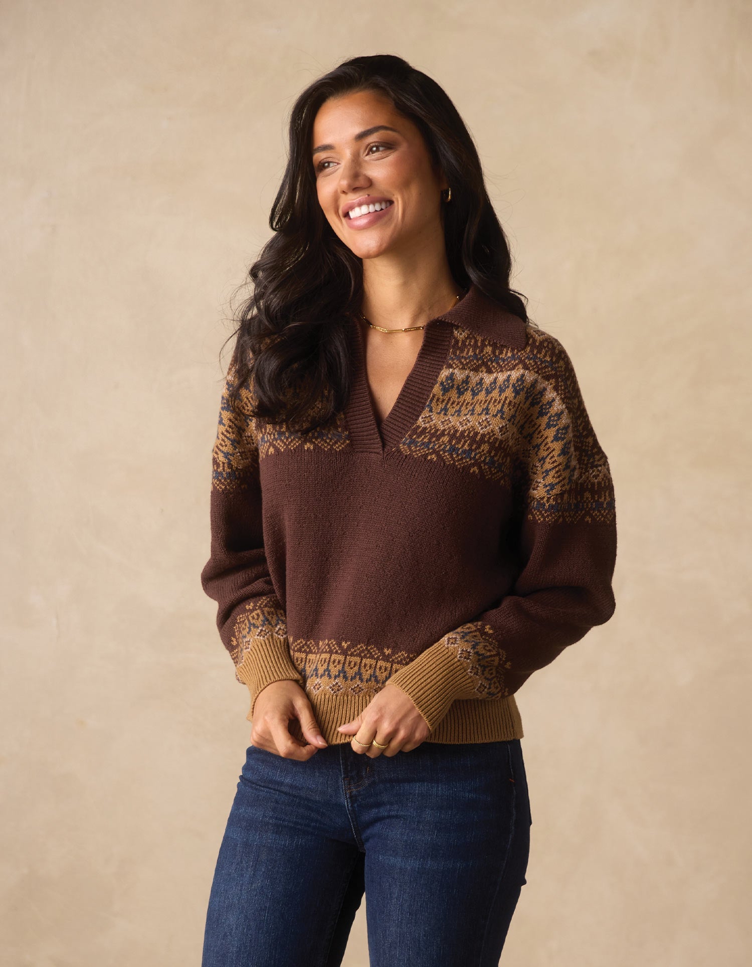Women | Fair Isle Polo Sweater | Brown Multi