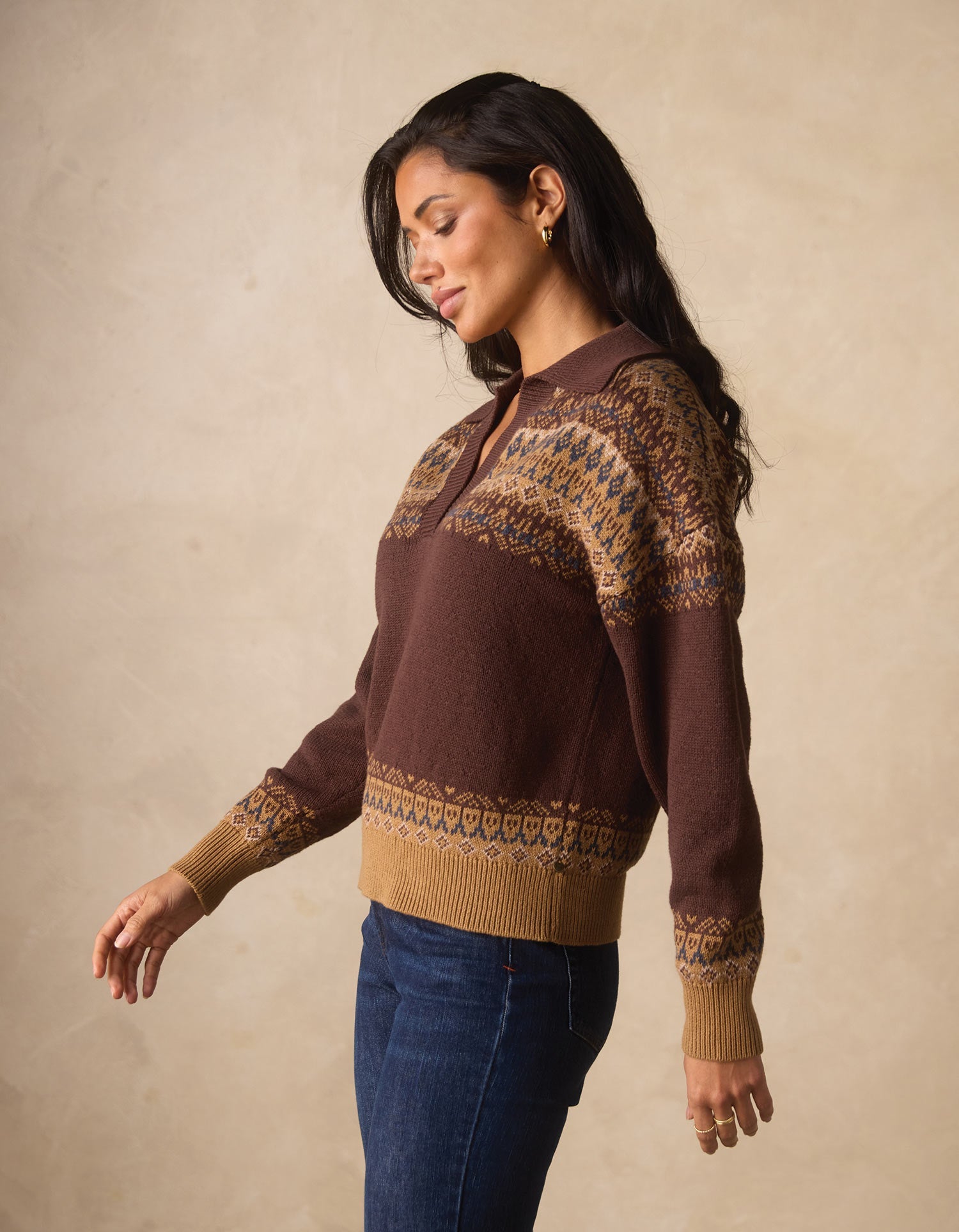 Women | Fair Isle Polo Sweater | Brown Multi