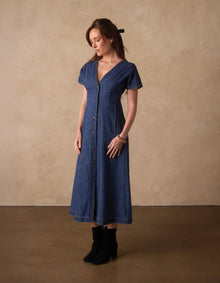 Women | Denim Seamed Midi Dress | Medium Wash