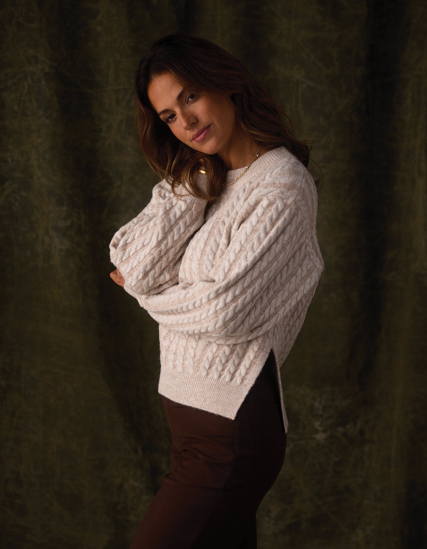 Women | Cable Knit Split Side Pullover | Cream Multi