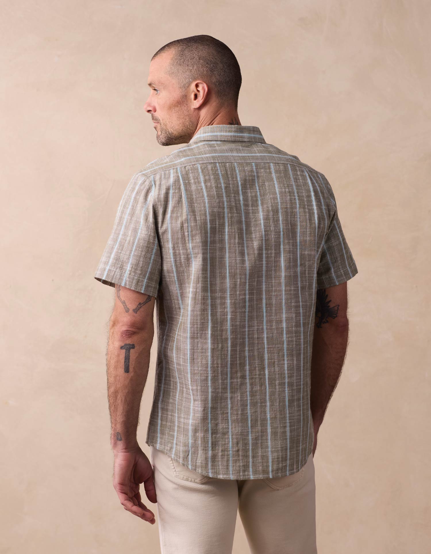 Men | Freshwater Short Sleeve Button Up Shirt | Deep Sage Stripe
