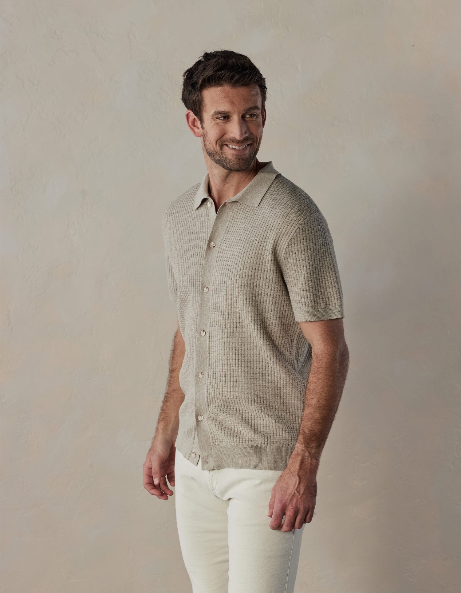 Men | Waffle Stitch Button Up | Flax