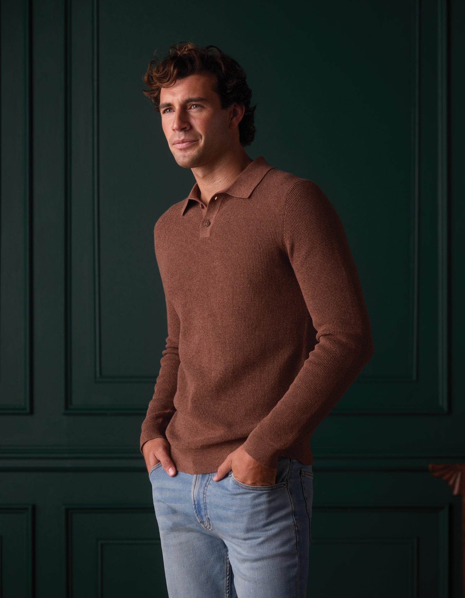 Men | Robles Knit Waffle Stitch Polo | Heather Brown