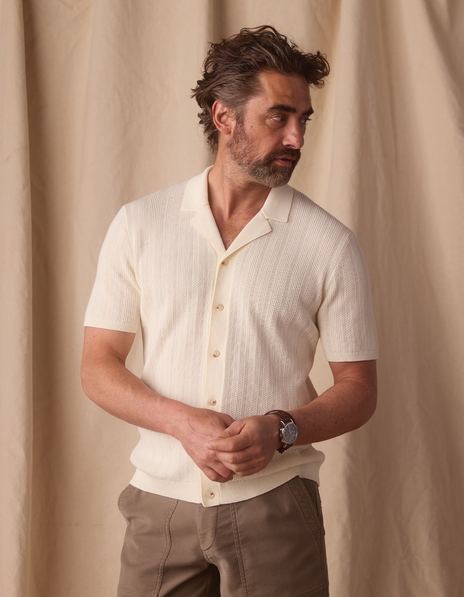 Men | Robles Textured Knit Camp Button Up | Ivory