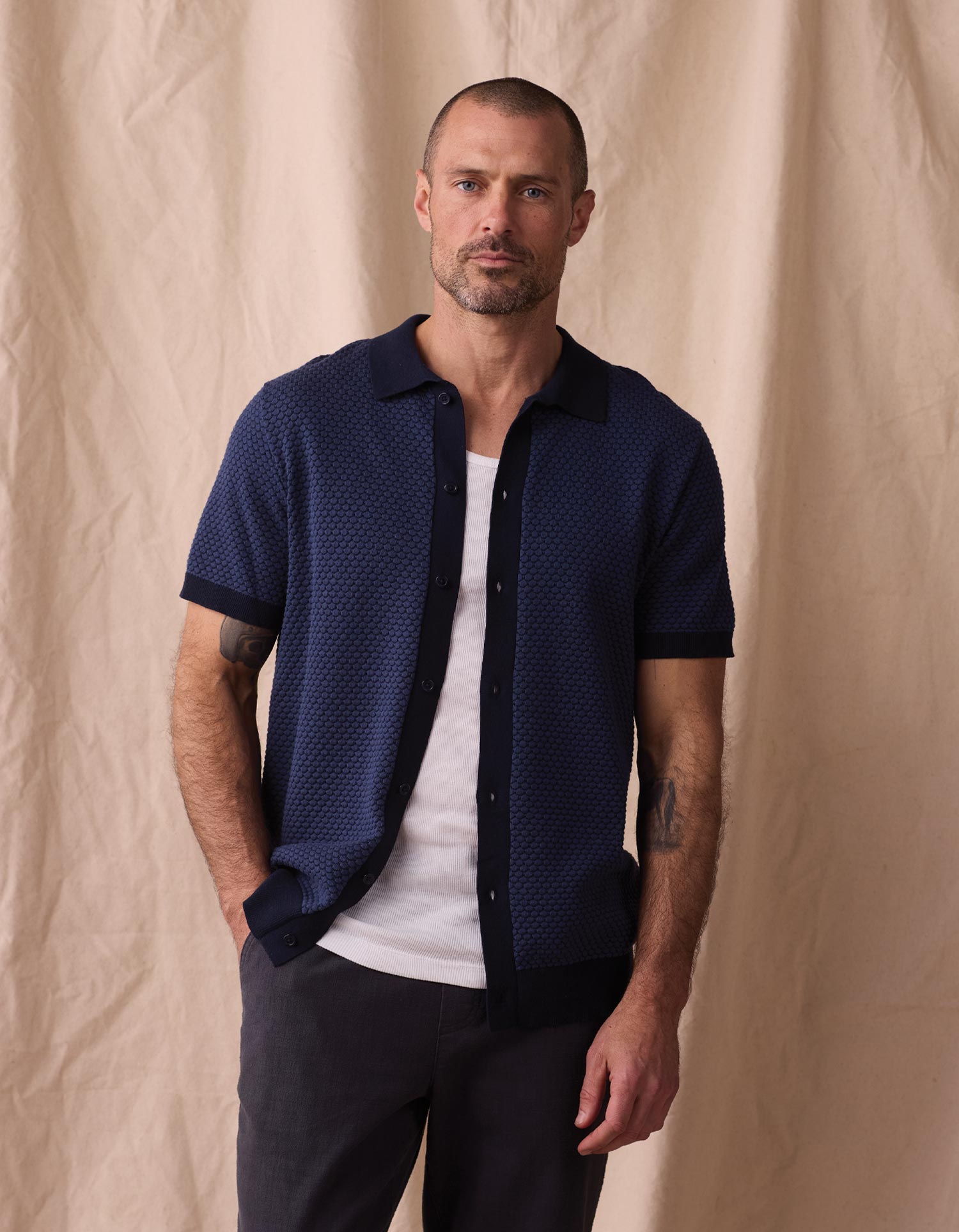 Men | Robles Knit Jacquard Button Up | Denim/Navy
