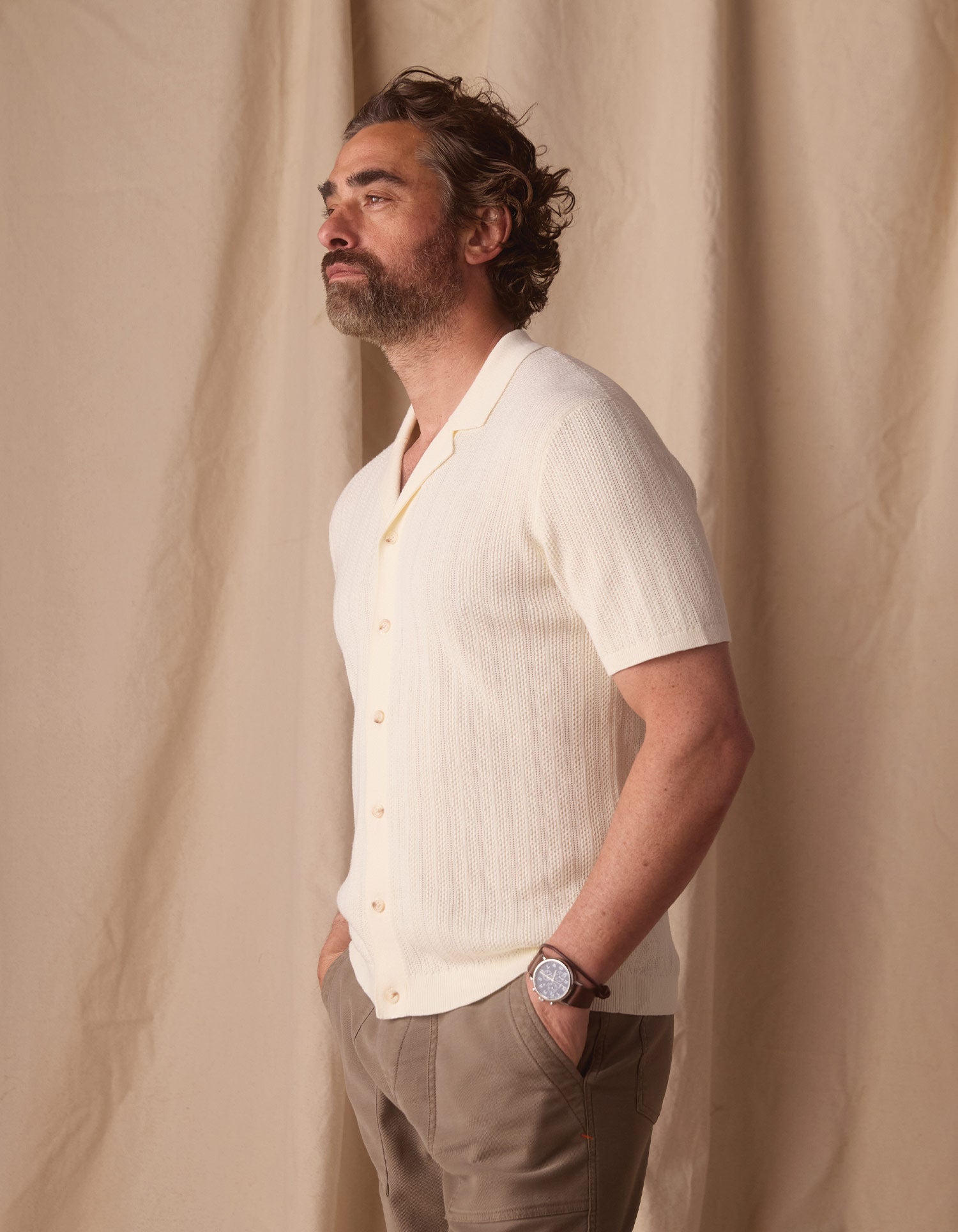 Men | Robles Textured Knit Camp Button Up | Ivory