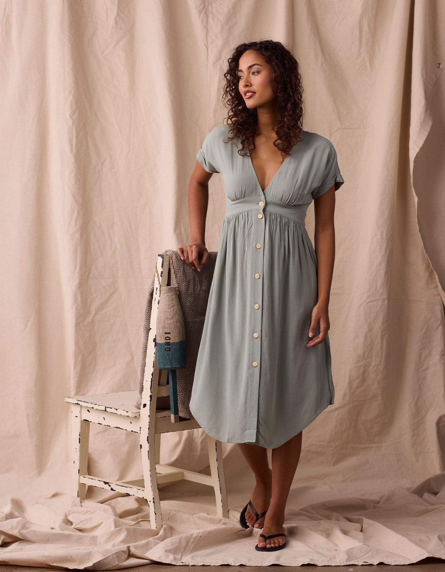 Women | Deep V Button Thru Dress | Juniper