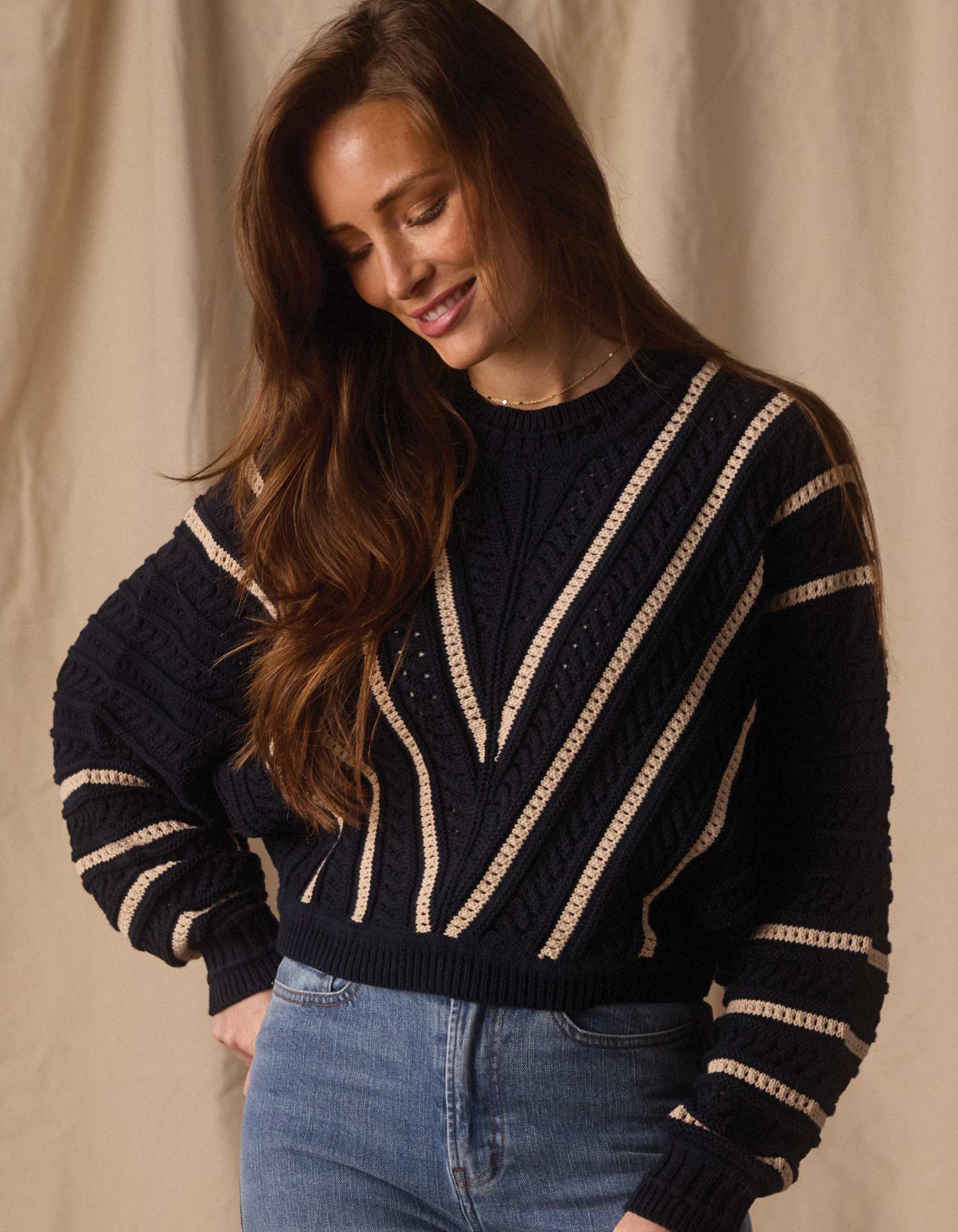 Women | Apres Chevron Sweater | Navy/Birch Stripe