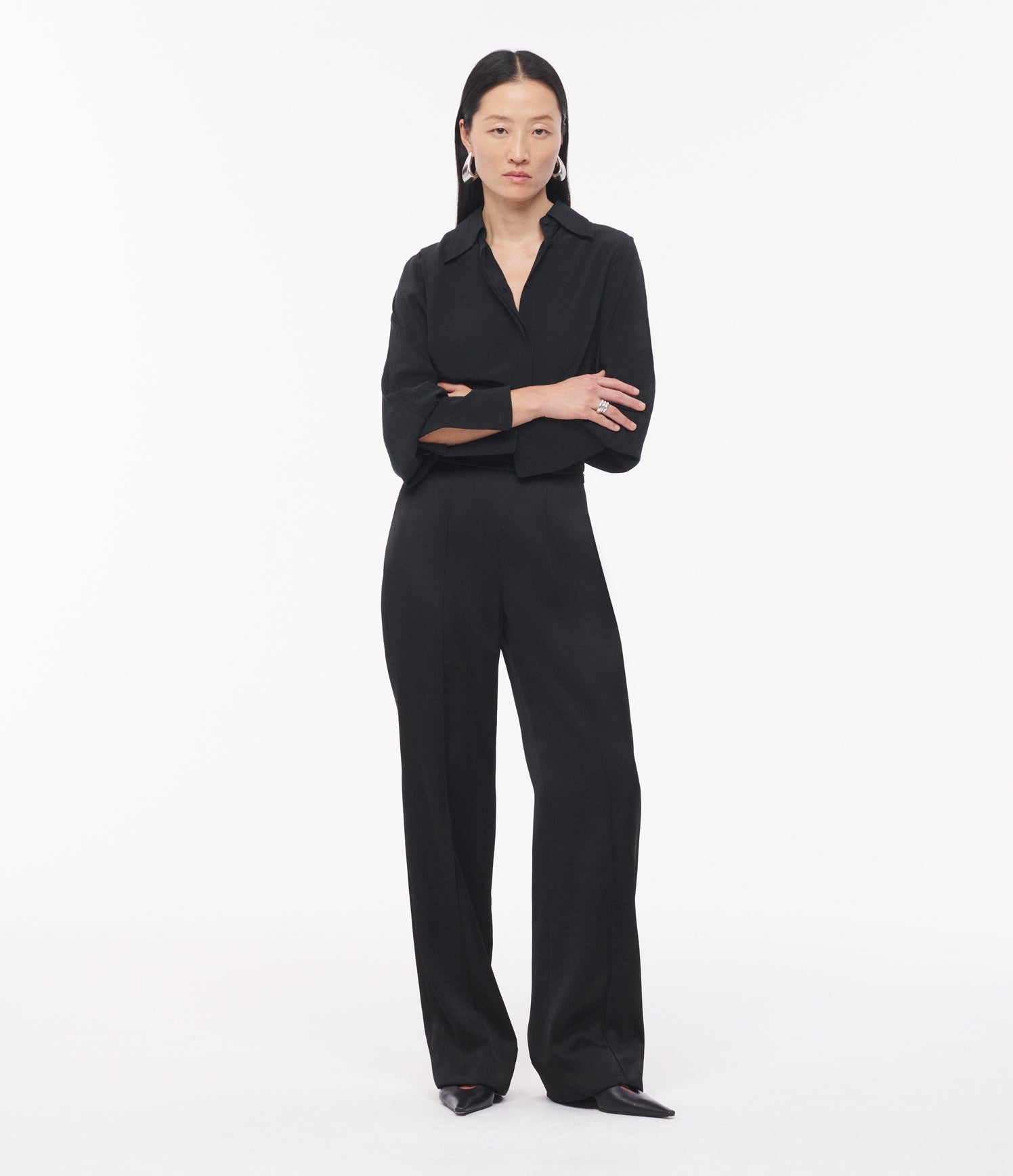 Another Tomorrow Pintuck Trouser in Black – Satin Women's Trousers