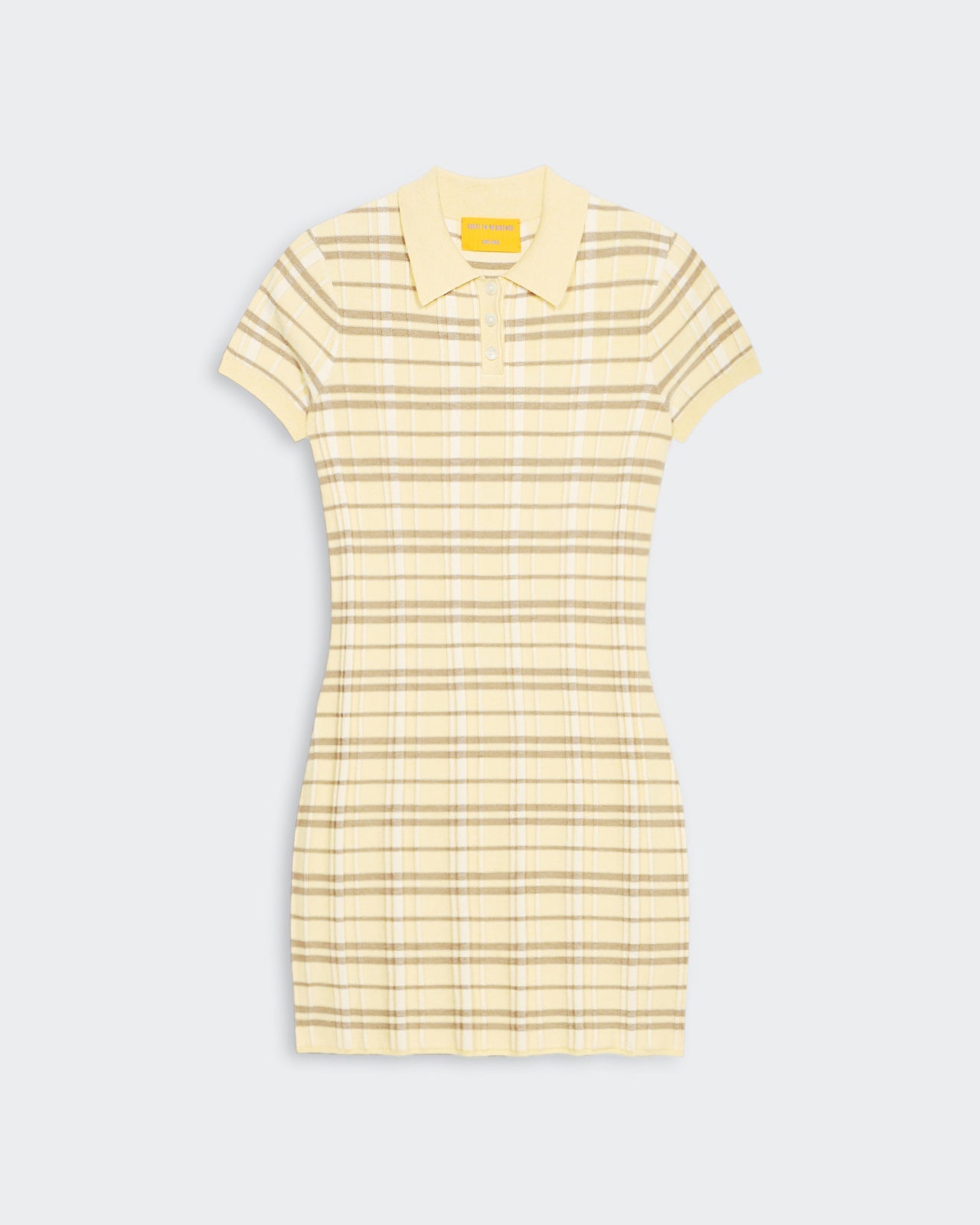 Plaid Polo Dress - Butter Combo with short sleeves, polo collar, three-button front and mid-thigh length in silk linen blend