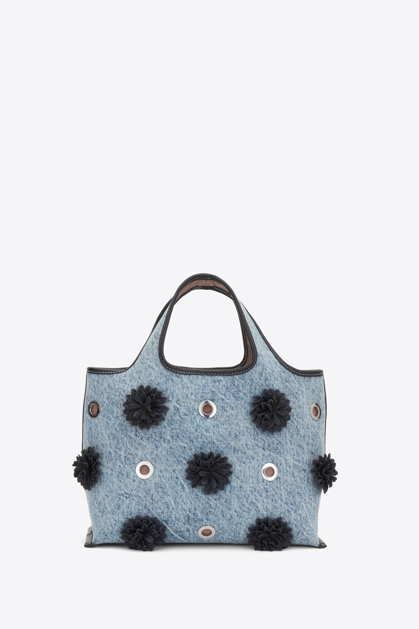 Denim Mini Market Tote with Leather Flowers | Washed Indigo