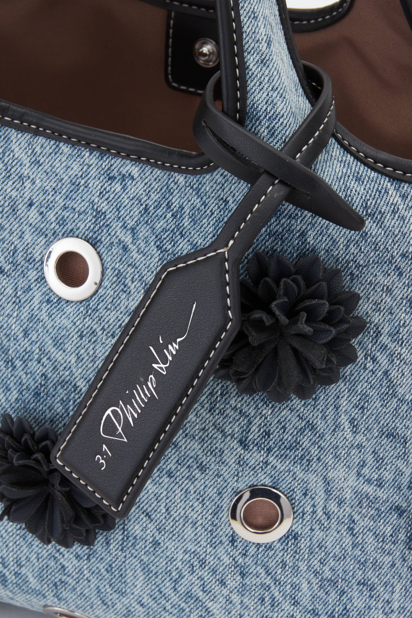 Denim Mini Market Tote with Leather Flowers | Washed Indigo