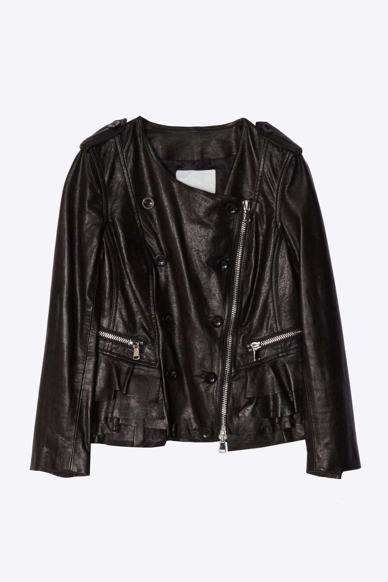 Motorcycle Leather Jacket With Tiered Ruffle Hem | Black