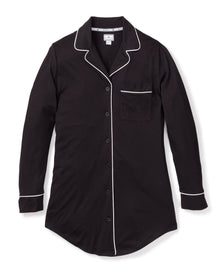 Petite Plumes Womens Pima Nightshirt in Black features luxurious Peruvian Pima cotton and elegant white piping on the collar, cuffs, and pocket. This black long-sleeve sleep shirt includes a button-down front and a single left chest pocket.