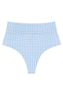 Blue and white gingham high-rise bikini bottom with a folded waistband and full coverage back.