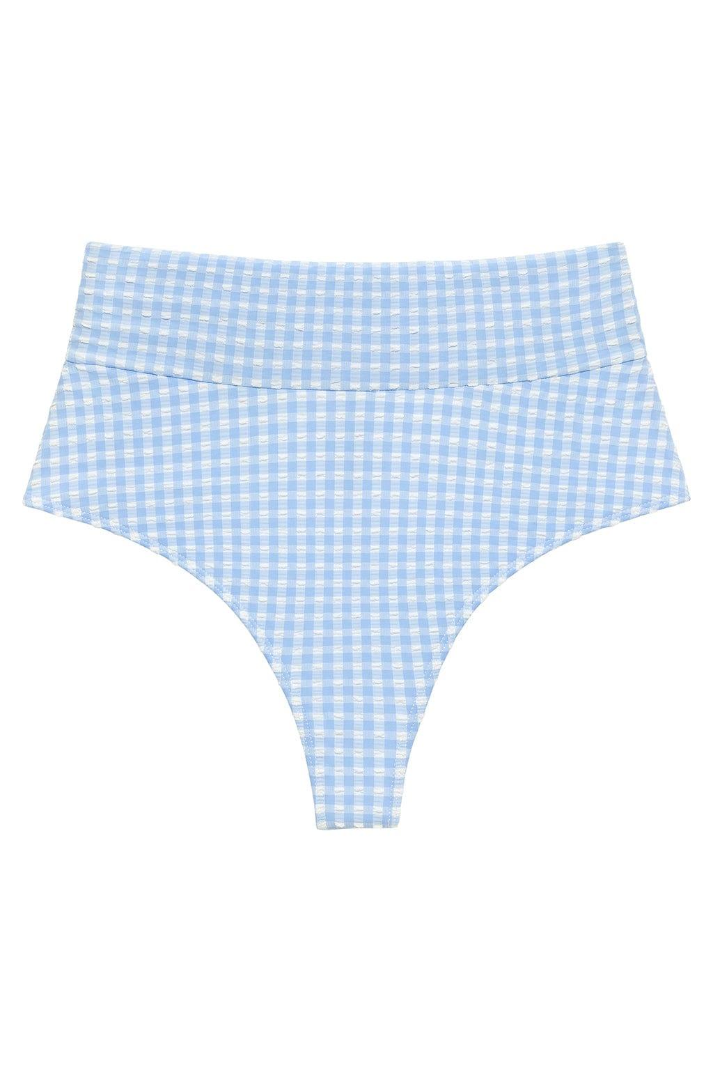 Blue and white gingham high-rise bikini bottom with a folded waistband and full coverage back.