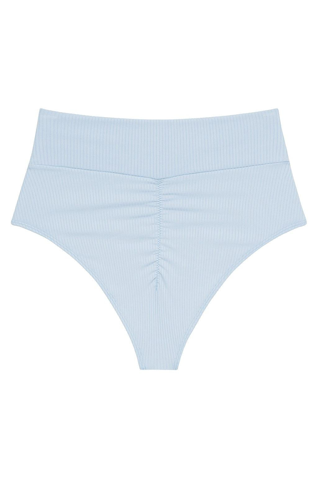 Light blue ribbed high-rise bikini bottom with wide waistband and thong back.