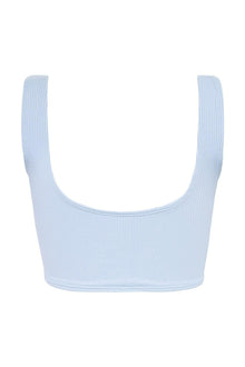 Light blue ribbed bikini top with wide shoulder straps and scoop neckline.