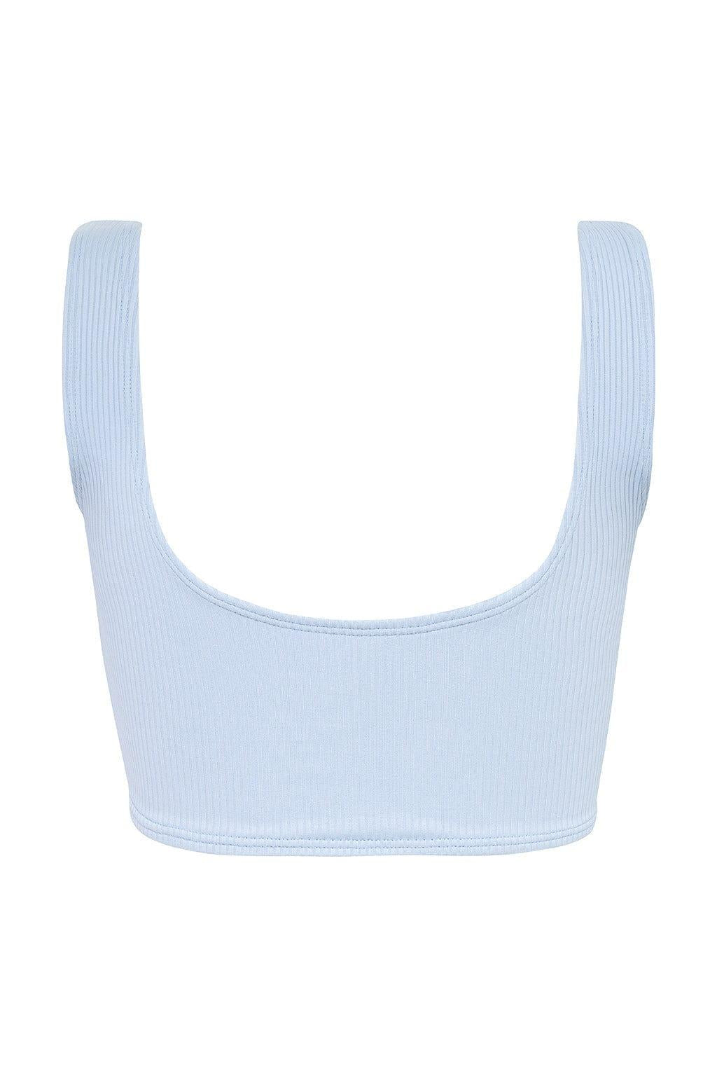 Light blue ribbed bikini top with wide shoulder straps and scoop neckline.