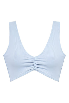 Light blue ribbed bikini top with wide shoulder straps and ruched center detail.