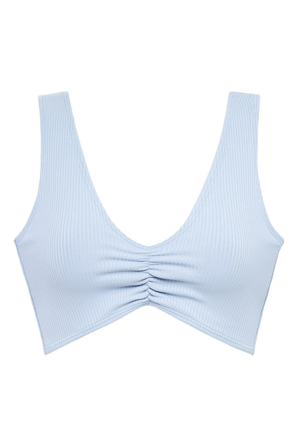 Light blue ribbed bikini top with wide shoulder straps and ruched center detail.