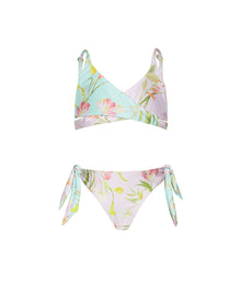 Kids Petal Gianna Bikini — light blue floral two-piece with crisscross top and oversized tie bottoms, perfect for sunny beach days.