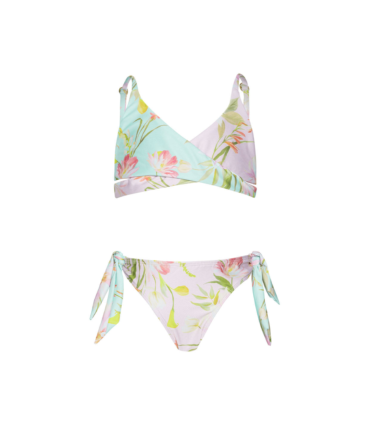 Kids Petal Gianna Bikini — light blue floral two-piece with crisscross top and oversized tie bottoms, perfect for sunny beach days.
