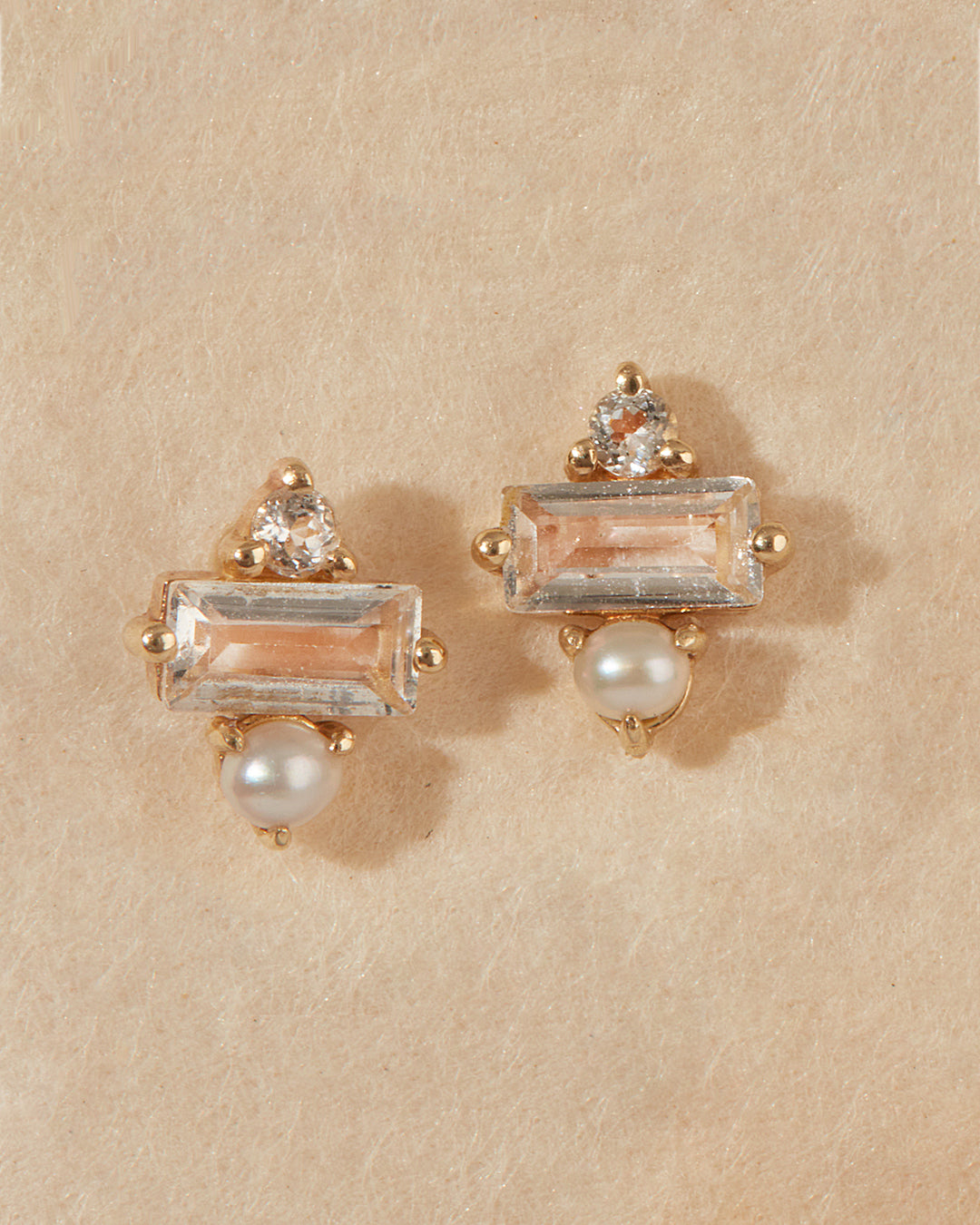 The Petite Paris Studs | 14K Yellow Gold | White Topaz/Freshwater Pearl