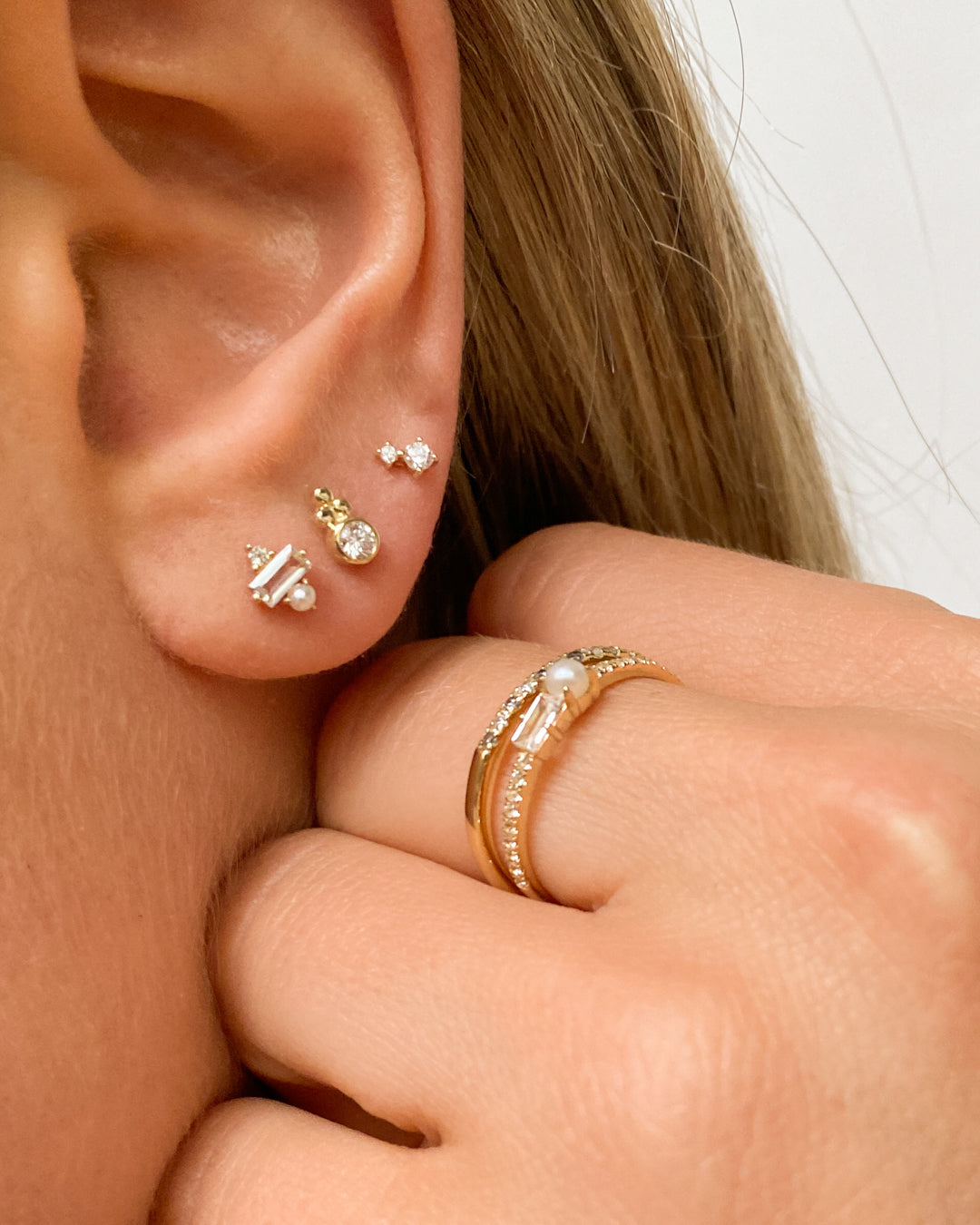 The Petite Paris Studs | 14K Yellow Gold | White Topaz/Freshwater Pearl