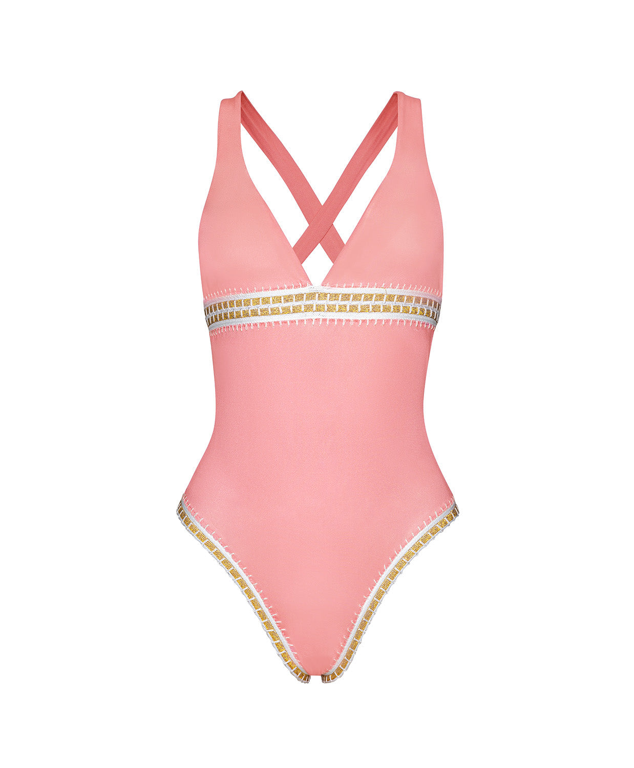 Pink one-piece swimsuit with gold trim on a white background