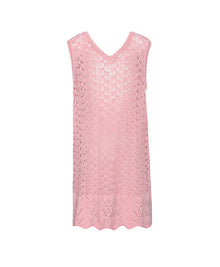 Kids Pink Sands Kaia Knit Dress — soft pink crochet cover-up with playful knit details and relaxed V-neckline.