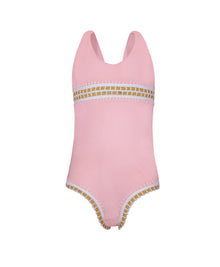 Kids Pink Sands Mabel Rainbow Embroidered One Piece — soft pink swimsuit with gold embroidery inspired by Solange Ferrarini's colorful designs.