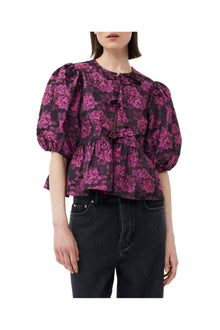 Pink Botanical Jacquard Peplum Blouse | Cone Flower